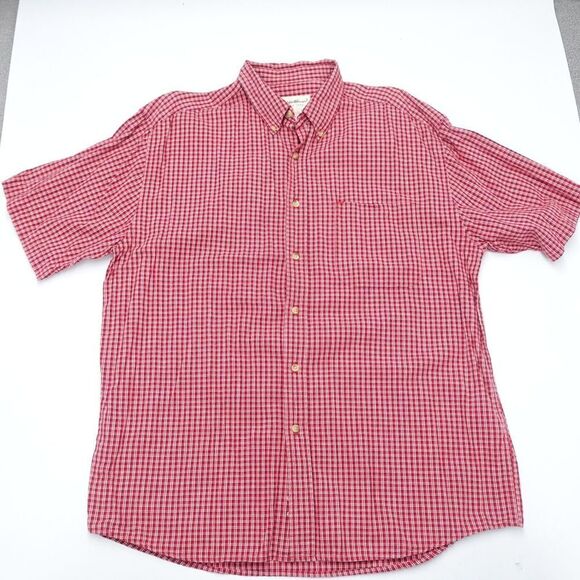 Eddie Bauer Shirt Mens Large Red Check Cotton Short Sleeve Classic Button-Down - Picture 1 of 6